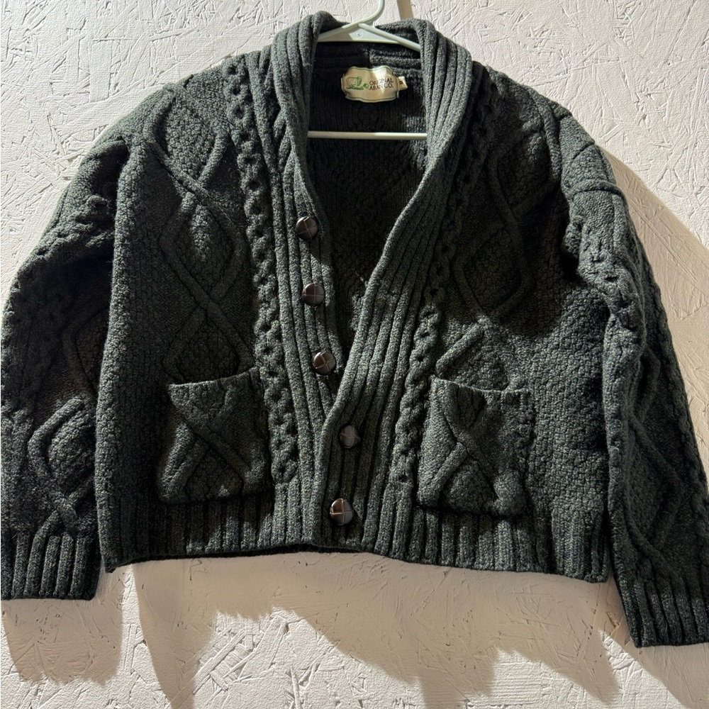 Vintage Original Aran Co Irish 100% Wool Cable Knit Shawl Collar Cardigan Sz S-M